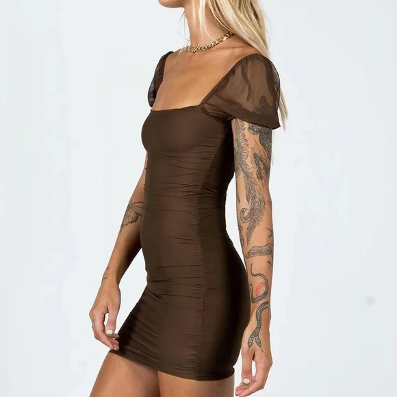 Princess Polly | Dresses | Princess Polly Brown Charvi Ruched Mesh Mini  Dress | Poshmark